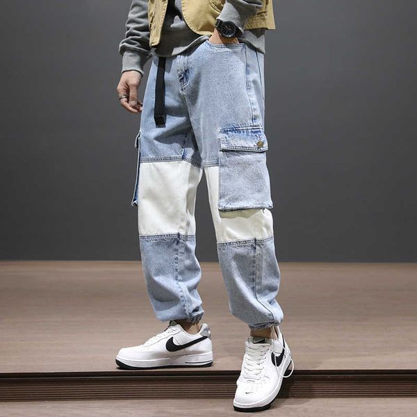

men's jeans fashion streetwear men loose fit patchwork spliced designer denim cargo pants hombre hip hop joggers wide leg trousers, Blue