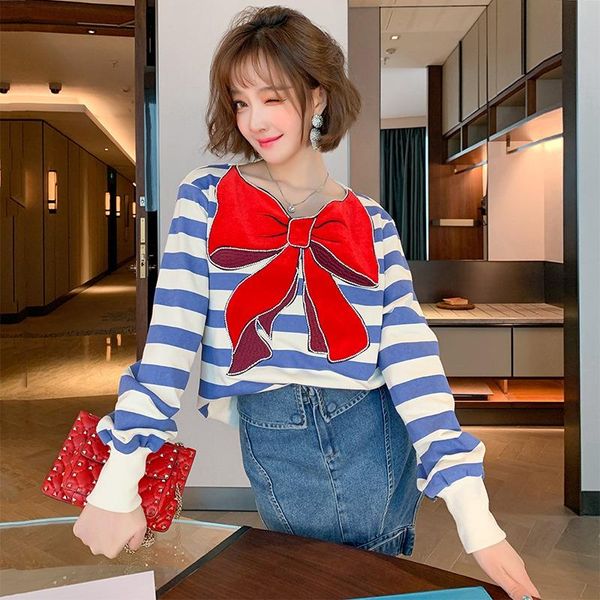 

women's hoodies & sweatshirts cute kpop women big bows sweatshirt 2021 fall playful loose casual blue striped pullover crewneck streetw, Black