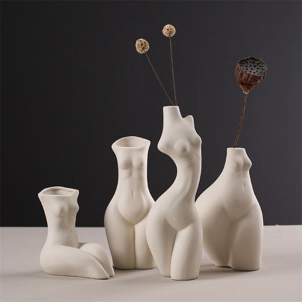 Casa Decoração Vaso Body Art Modelagem Flower ornamentos Modernos Minimalista Vasos de cerâmica Atacado 211215