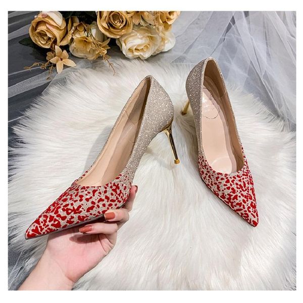 

dress shoes spring stiletto heel pointed shallow mouth sequin bridal wedding banquet large size small women's, Black