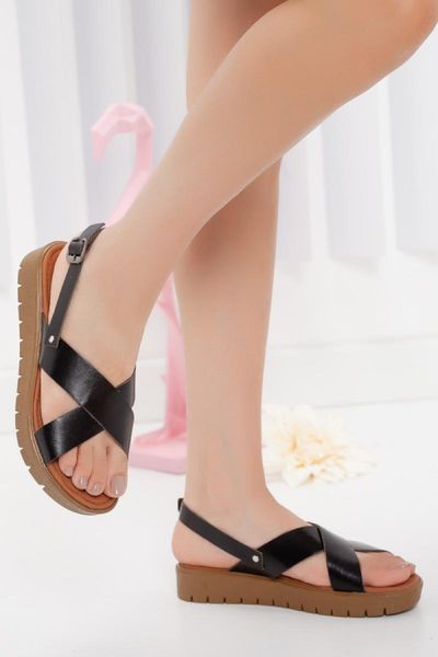 

sandals women's black genuine leather Ã§arpaz banded