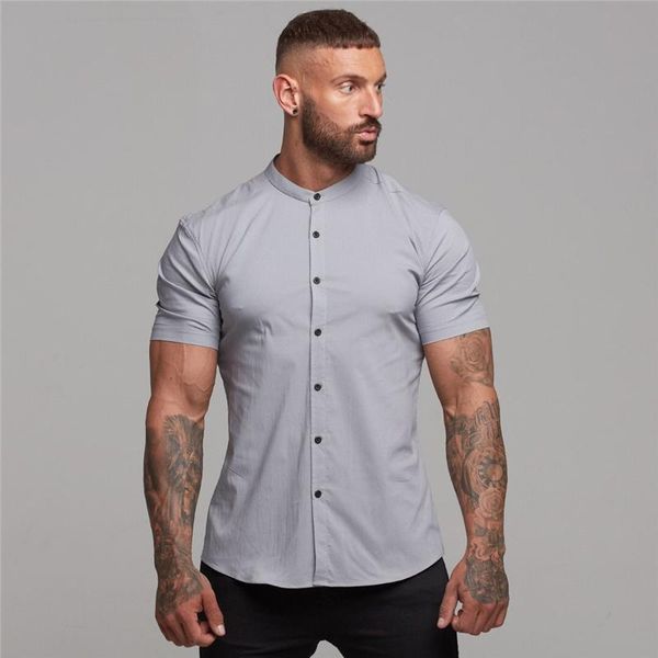 

mens shirt plain gym clothing summer slim fit short sleeve dress fitness man solid men plus size social business shirts men's casual, White;black