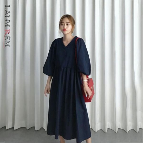 

women's black mid-length dress v-neck lantern three-quarter sleeves loose casual fashion summer 2e1321 210507, Black;gray