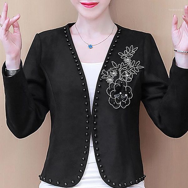 

women's jackets 3xl 4xl plus size jacket coat women long sleeve beading v-neck woman for cardigan short d107, Black;brown