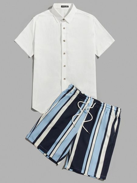 

men single breasted shirt and striped shorts set j9wi#, Gray