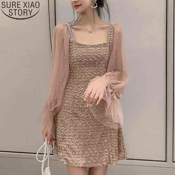

sweet women mesh autumn fashion korean beading mini dress square collar street pink ladies long sleeve dresses 9589 210417, Black;gray
