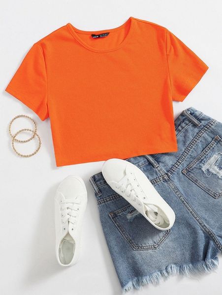 

neon orange rib knit crop tee h4b6#, White
