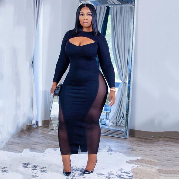 

plus size dresses 2021 autumn winter womens dress fashion casual solid color round neck hollow out long sleeve african, Black