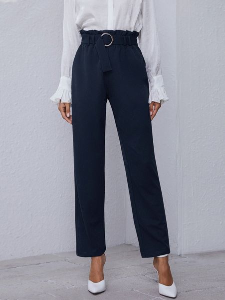 

paperbag waist o-ring belted tailored pants n4kk#, Black;white