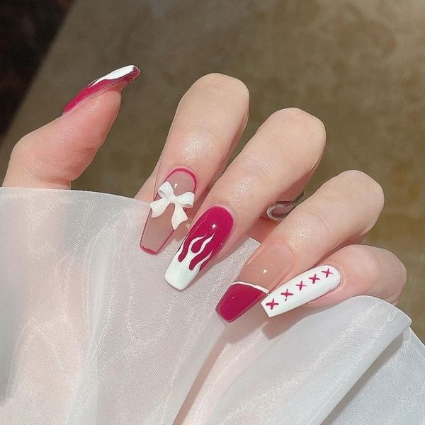 

false nails 24x flame star coffin wearable fake nail tips full cover manicure tool artificial detachable ballerina, Red;gold