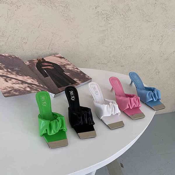 

slippers open toe women square slip on mules shoes sandals slides thin high heels candy color green/black/white/pink/blue 4aaq