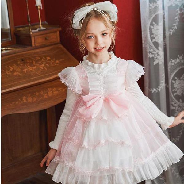 

girl's dresses sweet princess lolita dress for girls autumn spring style knitted long sleeve loose mesh hem gowns children party clothe, Red;yellow