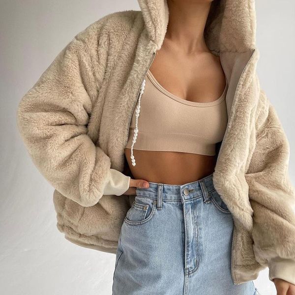 

women's jackets winter lamb wool loose coat fleece sweater zipper hooded long thick fluffy warmth wear hoodie for women, Black;brown