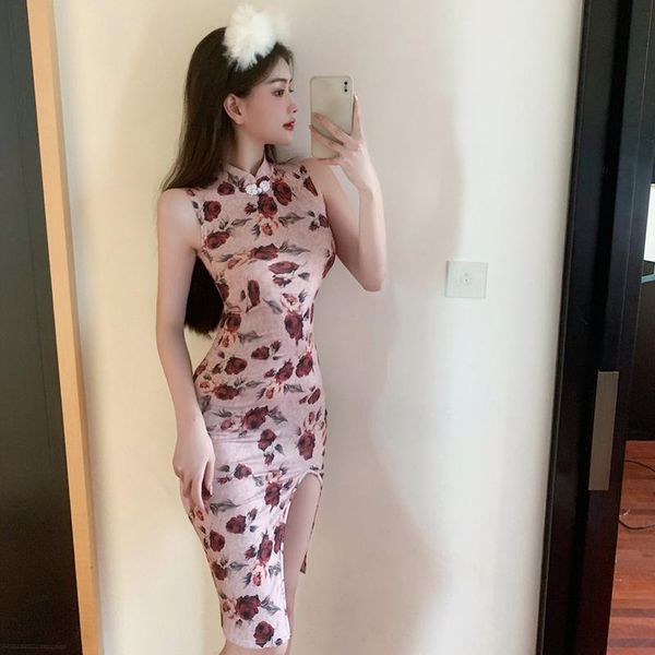 

ethnic clothing 2021 flower print sleeveless party cheongsam oriental evening dress chinese traditional womens elegant qipao sexy, Red