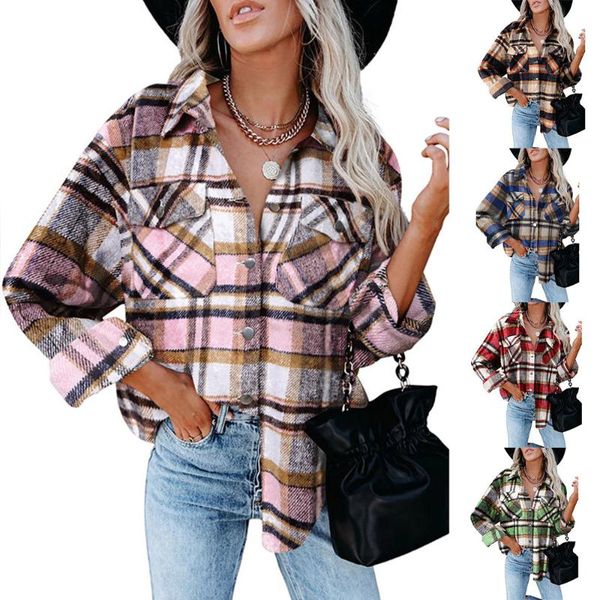 

women's jackets plaid 2021 autumn winter shirt woolen breasted coat, Black;brown