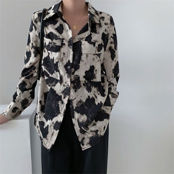 

autumn fashion women long sleeve print leopard shirts double pocket loose vintage blouses femme blusas m666 210512, White