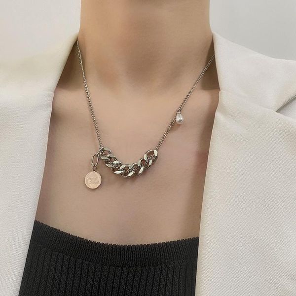

pendant necklaces vsnow street style chunky chain circle coin medallion letter necklace for women waterdrop asymmetric jewelry, Silver