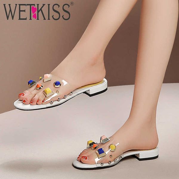 

wetkiss low heels slippers woman open toe footwear rivet slides shoes female studded transparent pvc mules shoes women summer 210630, Black