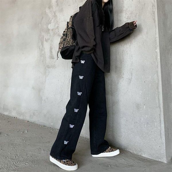 

women's jeans trousers american butterfly embroidered loose straight high street retro wide leg daddy pants, Blue
