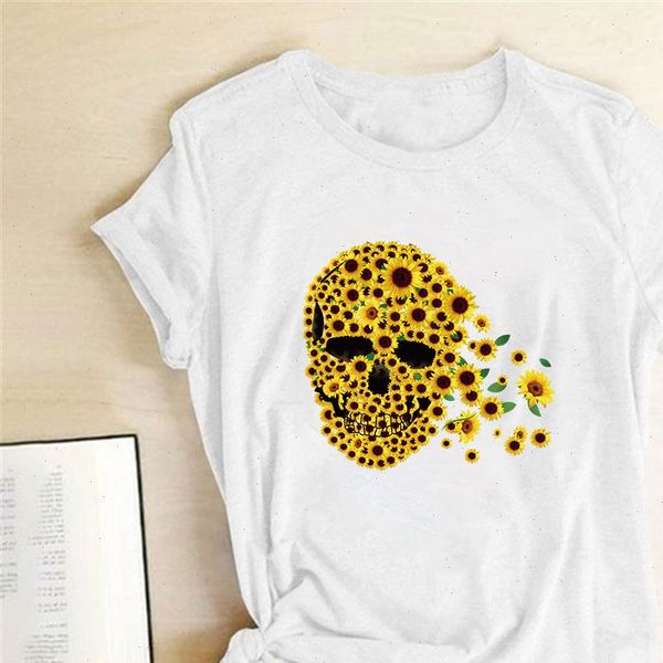 

skull women t shirts sunflower print clothing summer for loose graphic aesthetic camisetas mujer verano, White