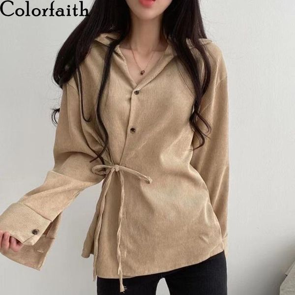 

colorfaith 2021 women spring summer blouses shirts corduroy vintage oversize office korean style lace up ladies bl9079 women's &, White