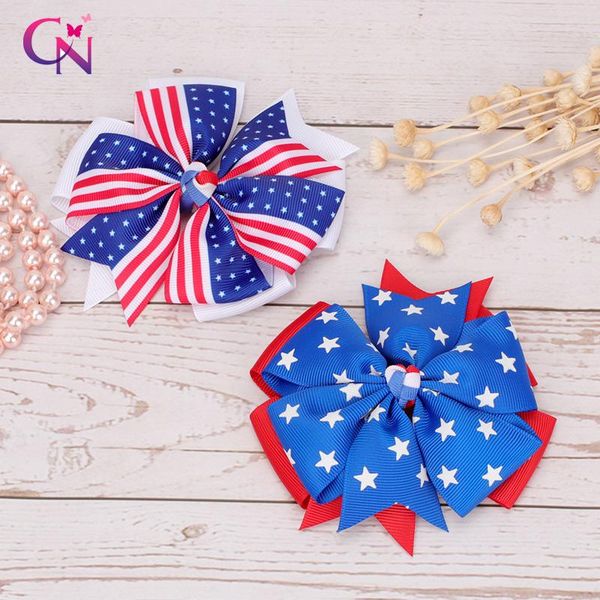 

hair accessories cn independence day july fourth bowknot 3.5 inch usa flag clips bows kids handmade ribbon for girls, Slivery;white