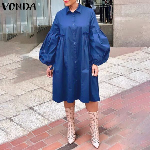 

vonda 5xl women dress 2021 autumn turn down neck long lantern sleeve dresses plus size bohemain vestidos knee-length sundress, Black;gray