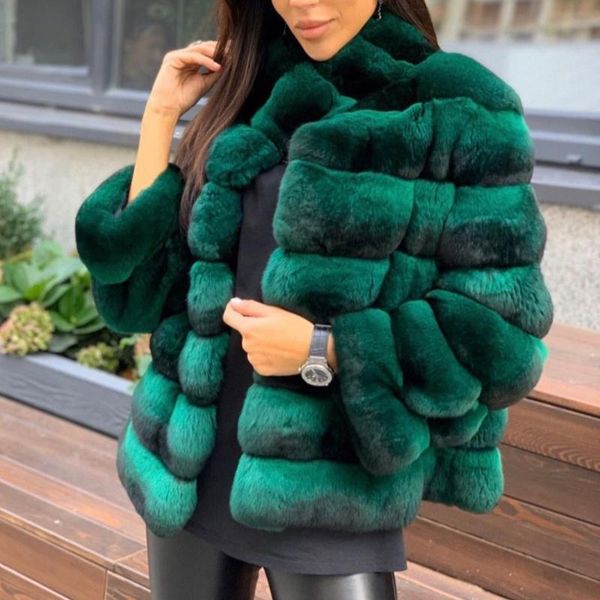 

women's fur & faux natural rex jacket women winter fashion whole skin genuine coats stand collar luxury green outwear, Black