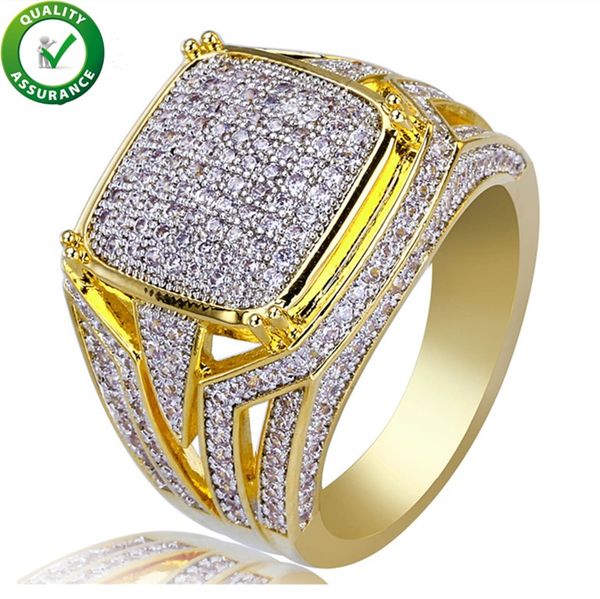 

hip hop jewelry diamond ring mens luxury designer rings micro pave cz iced out bling big square finger ring gold plated wedding accessories, Golden;silver
