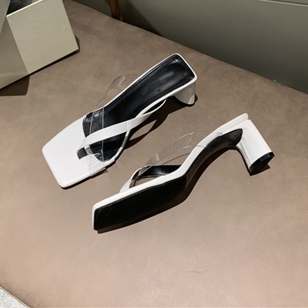 

sandals womens summer slippers pvc strap high heel slides female shoes square toe vacation flip flops ladies white black cg0g