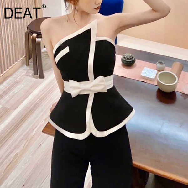 

[deat] summer fashion splicing bow sleeveless back zipper irregular temperament women tank 113q319 210527, White
