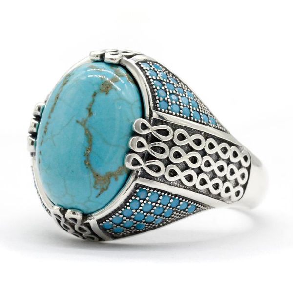 

natural turquoise stone ring for men solid 925 silver male chains vintage party cool style turkey women cluster rings, Golden;silver