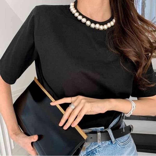 

o neck beading patchwork short sleeve t shirt women summer tees loose causal simple ladies femme 210416, White