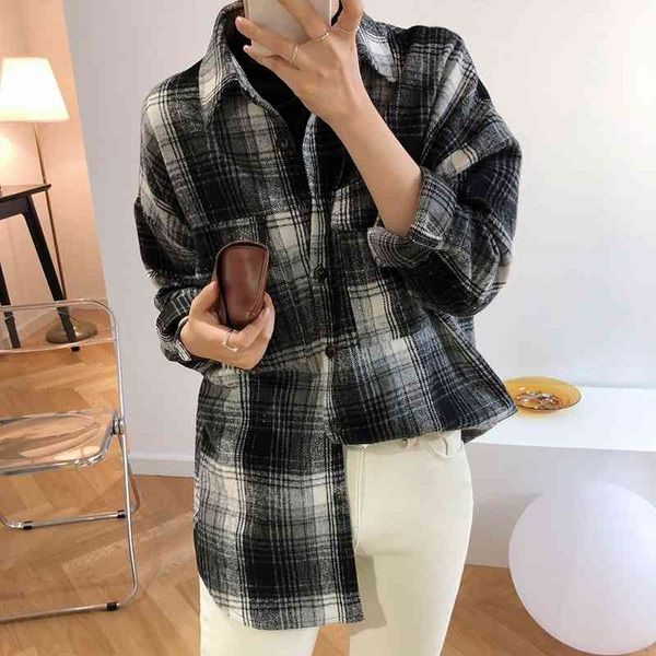 Frauen Frühling Herbst Langarm Bluse Plaid Flanell Freund Tunika Shirts Lose Beiläufige Street Lady Koreanische Übergroßen Top 210410