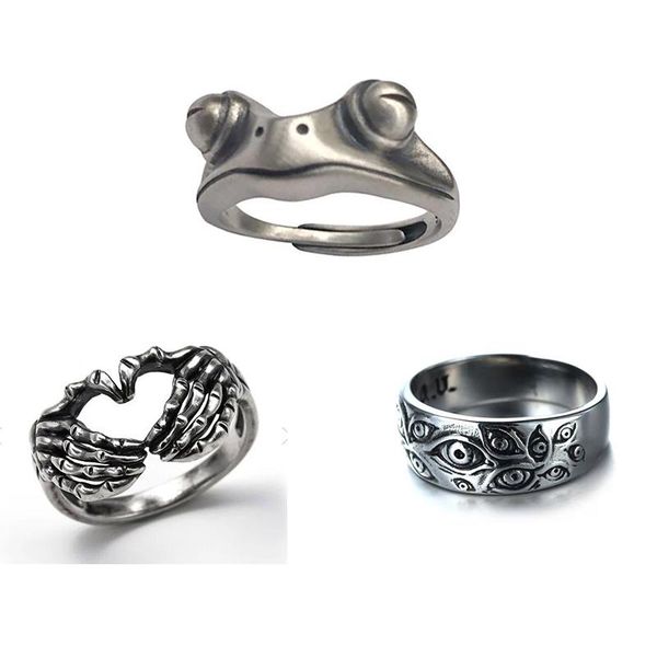 

cluster rings 2/3 pcs/set ring for women girl fashion men jewelry vintage ancient metal frog heart magic claw punk hip-hop accessories, Golden;silver