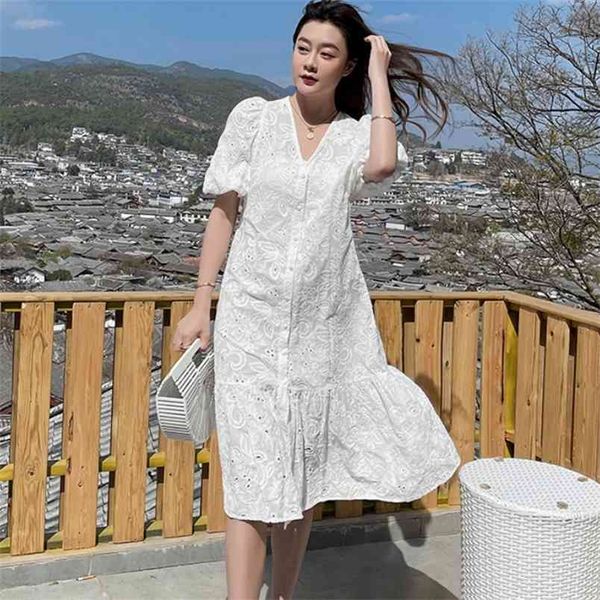 

summer women vintage hollow out embroidery puff sleeve casual dress female elegant v-neck single-breasted white 210519, Black;gray