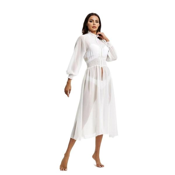 

summer chiffon zipper high neck beach bikini coverup long sleeve sunscreen robe white women cardigan swimsuit cover up women's swimwear, White;black