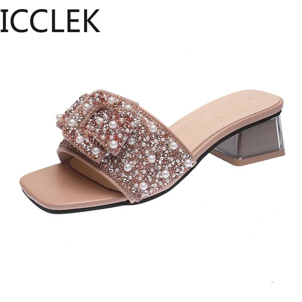 

icclek women rhinestones flip flops slippers summer fashion buckle low heel sandals woman comfortable beach slides mujer a037 210428, Black