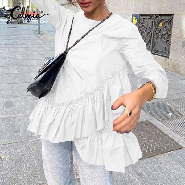 

women's blouses & shirts 2021 stylish asymmetrical ruffles hem celmia elegant long sleeve blusas oversize o neck casual loose tunic, White