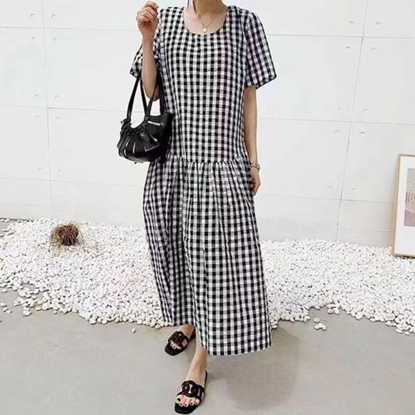 

ethnic clothing japanese style retro loose casual thin fashion temperament 2021 summer women's dress lattice round neck, Red