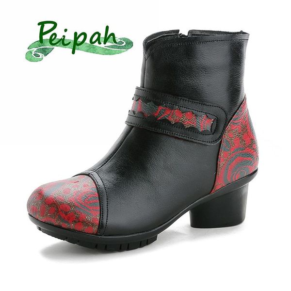 

boots peipah 2021 vintage women ankle for woman casual patchwork hoof heels shoes black&white winter