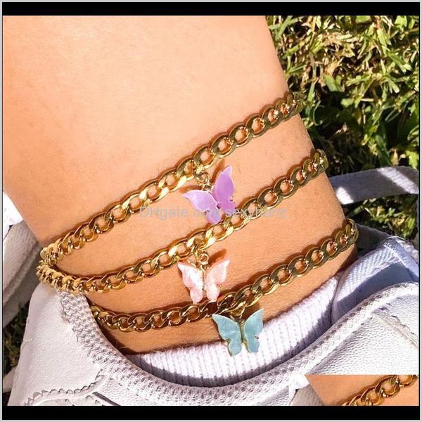 

jewelry drop delivery 2021 europe and america simple summer beach ornaments ins wind color acrylic butterfly anklets metal crude chain foot, Red;blue