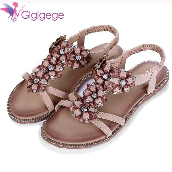 

glglgege 2021 summer bohemian female shoes large size women sandals wild wear beach resort travel flower flat with, Black
