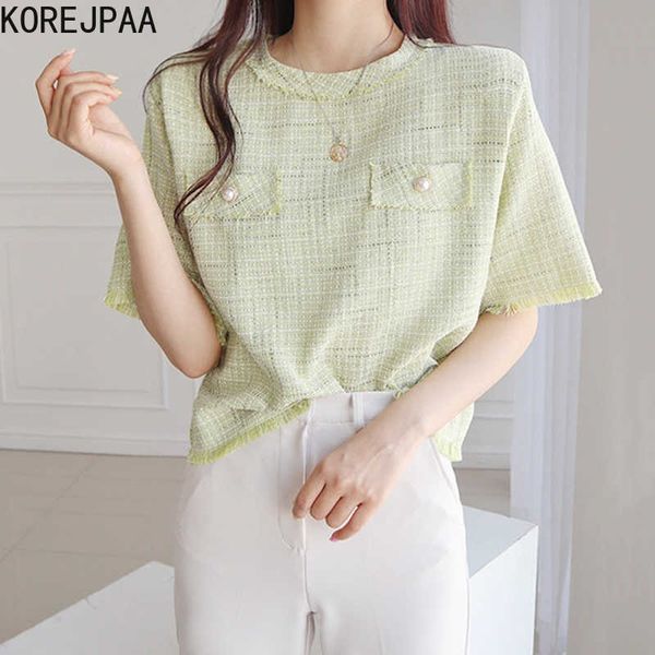 

korejpaa women shirt summer korean chic french temperament round neck fringed edge woolen texture short-sleeved blouses 210526, White