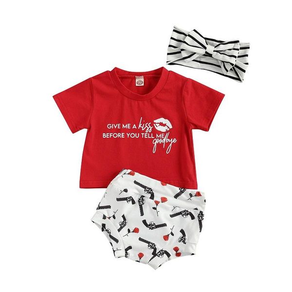 

clothing sets 0-24m born baby boy girl short sleeve letter print cotton t-shirt shorts bloomers headband 3pcs summer clothes set, White
