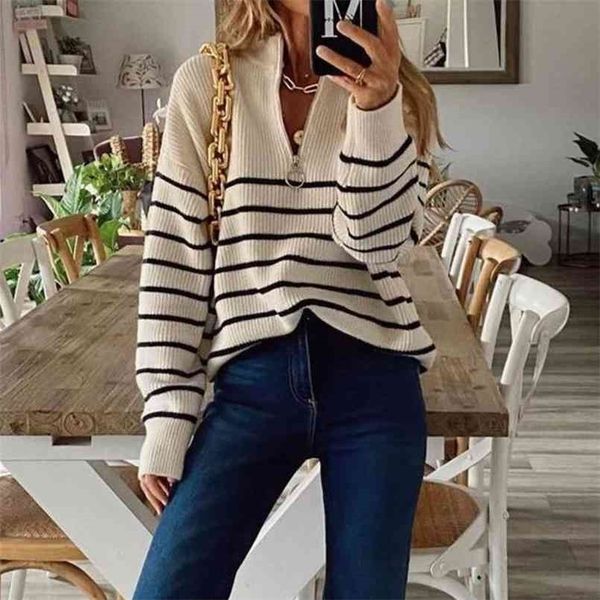 

autumn winter women casual long sleeve striped patchwork jumpers ladies loose knitted sweaters fashion zip v-neck pullover 210917, White;black