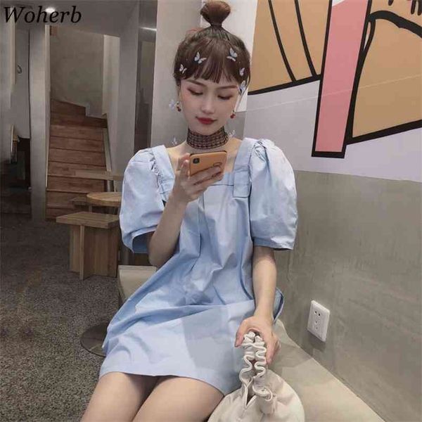 Quadrat Kragen Puff Kurzarm Kleid Frauen Kwaii Nette Mini Solide Kleider Koreanische Süße Casual Lose Robe Vestidos 210519