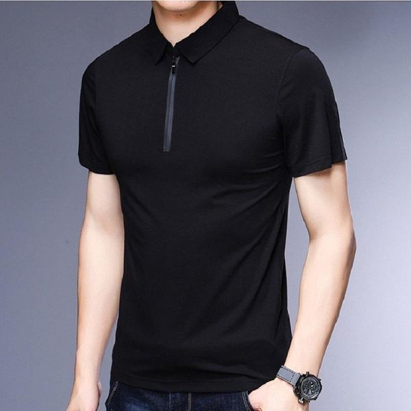 

men's polos male shirt 2021 summer slim plain color fashion brands design cotton zip up collar short sleeve, White;black