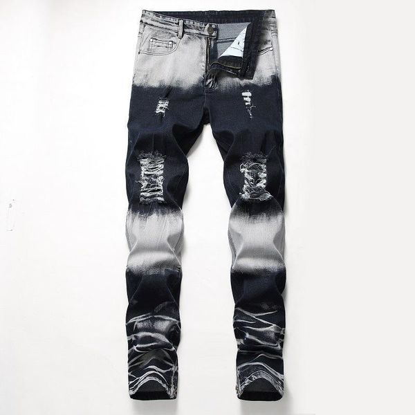 

men's jeans worn hole straight pants nostalgia wash ripped denim, Blue