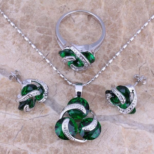 

earrings & necklace distinctive green cubic zirconia silver plated jewelry sets pendant ring size 6 / 7 8 9 10 s0126